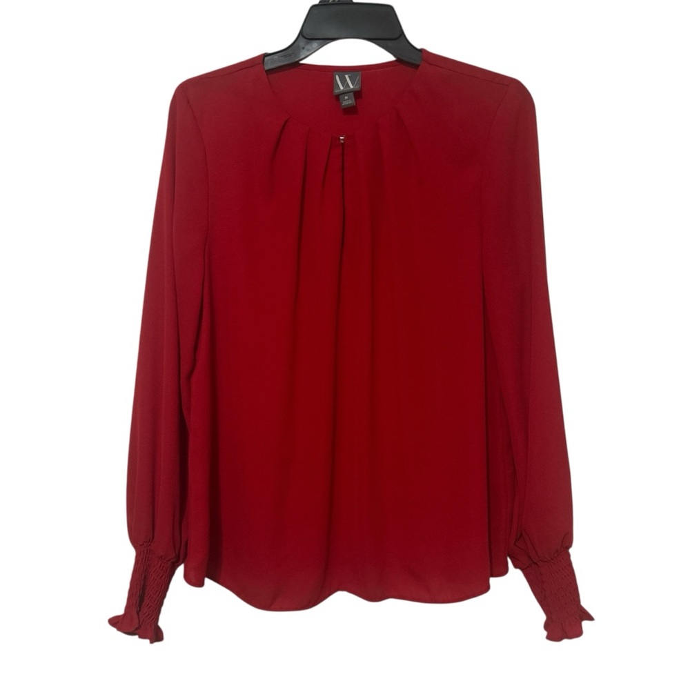 Worthington Solid Red Pleated Split Neck Blouse with Smocked Ruffle Cuffs